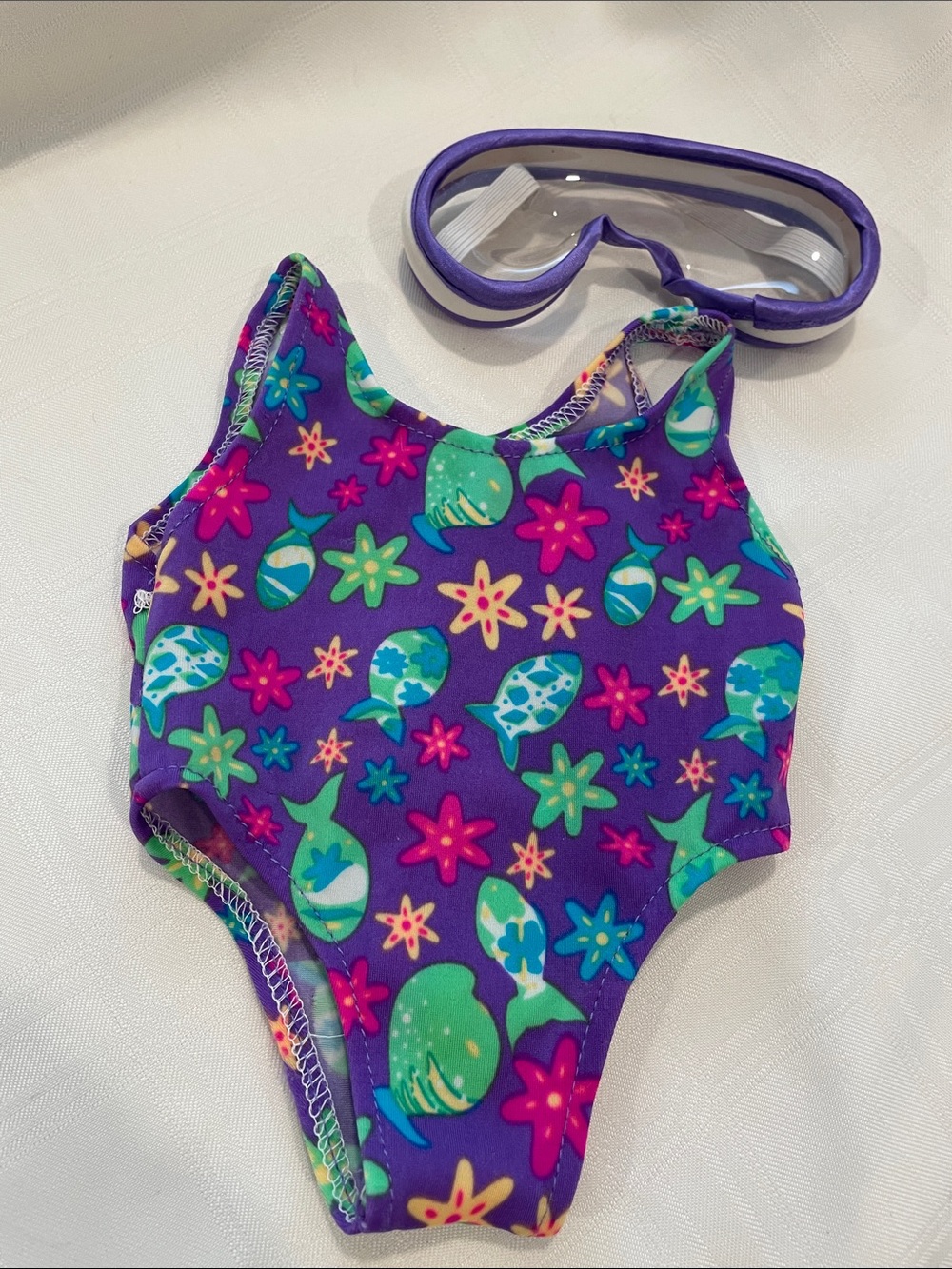Build-A-Bear Purple Floral Fish One-Piece Swimsuit with Goggles